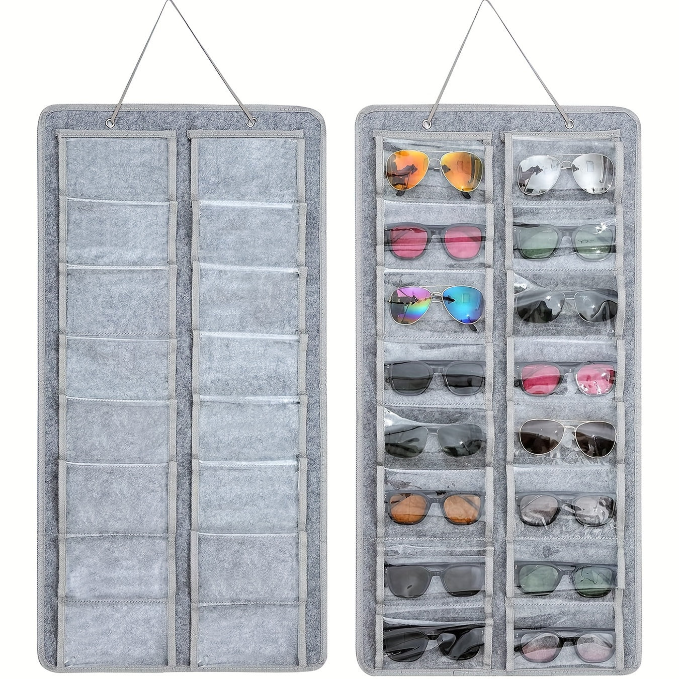 16-Slot Glasses Organizer - Hanging PVC Dust-Proof Holder with Metal Hook, Sturdy Rope | Ideal for Women's Fashion, Perfect Gift