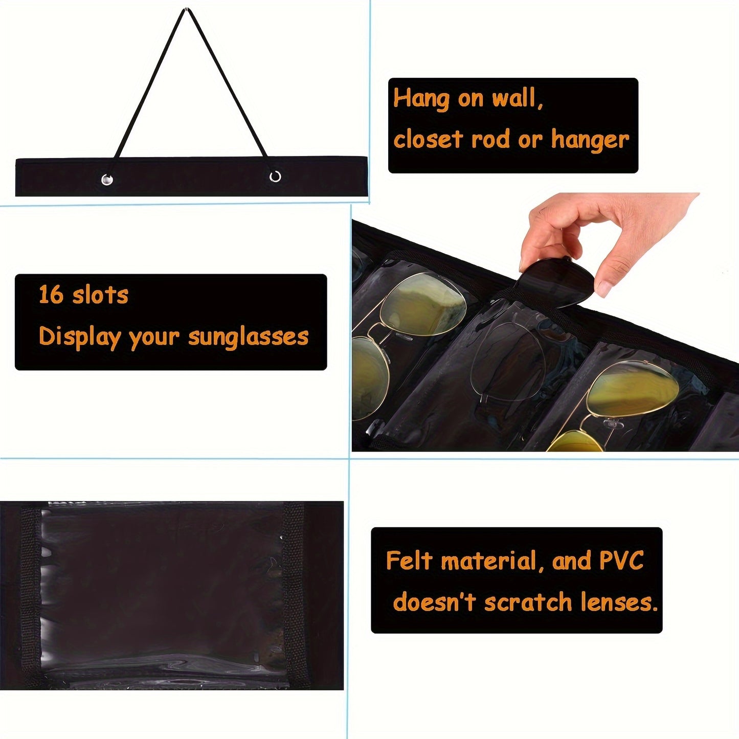 16-Slot Glasses Organizer - Hanging PVC Dust-Proof Holder with Metal Hook, Sturdy Rope | Ideal for Women's Fashion, Perfect Gift