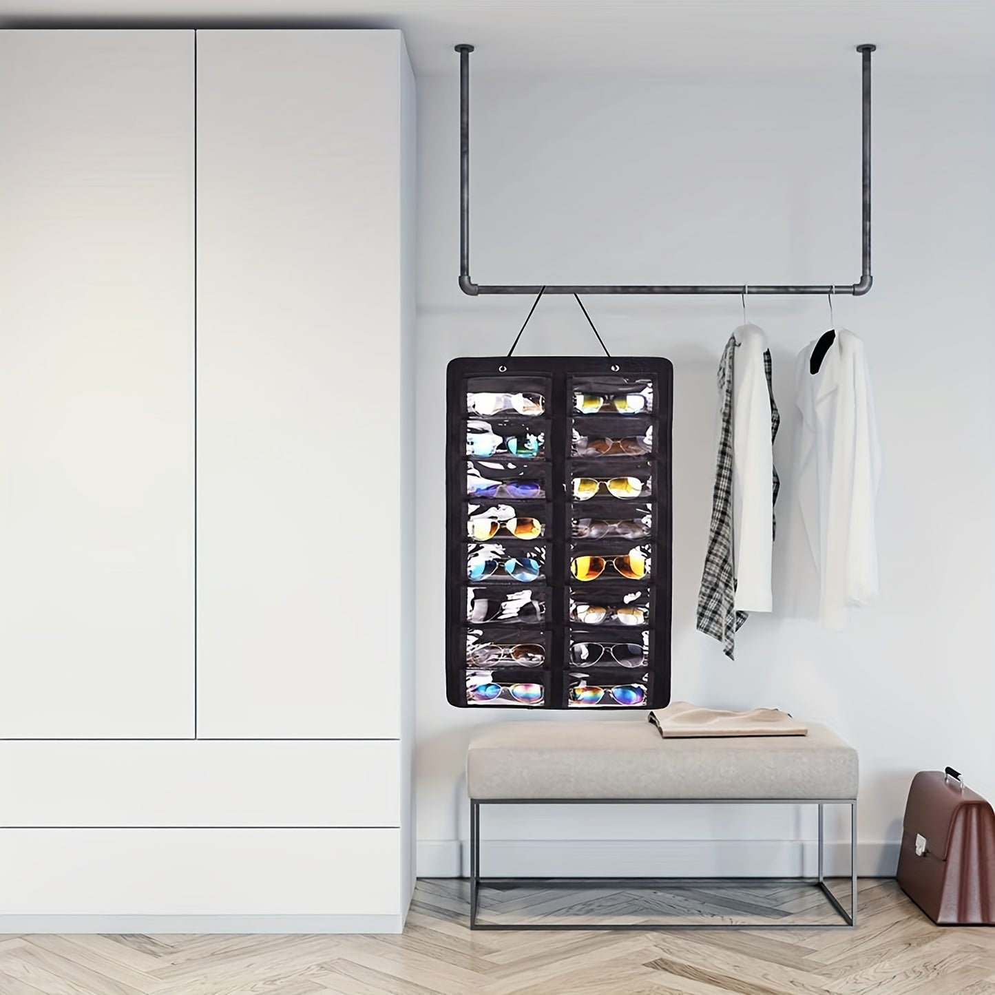 16-Slot Glasses Organizer - Hanging PVC Dust-Proof Holder with Metal Hook, Sturdy Rope | Ideal for Women's Fashion, Perfect Gift