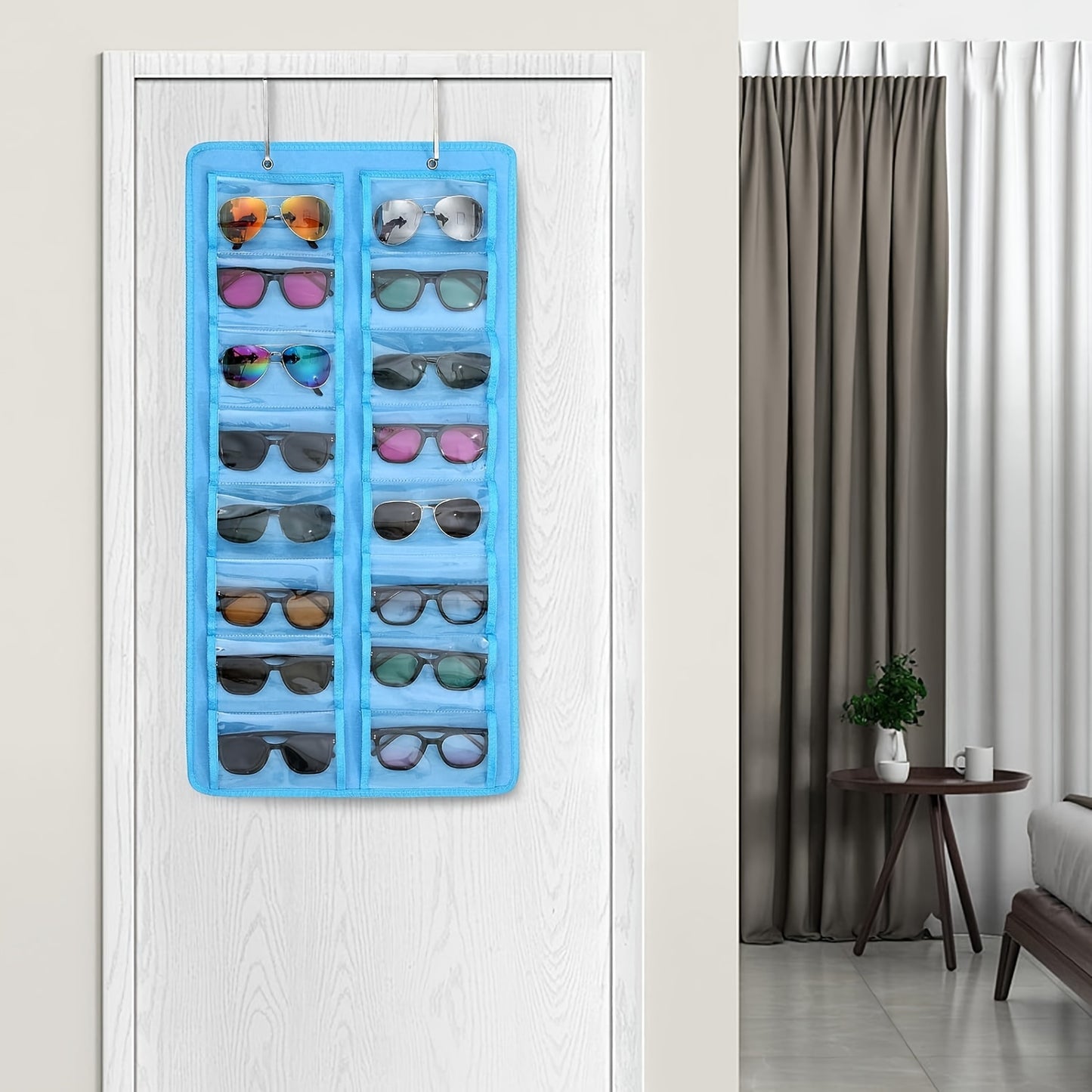 16-Slot Glasses Organizer - Hanging PVC Dust-Proof Holder with Metal Hook, Sturdy Rope | Ideal for Women's Fashion, Perfect Gift