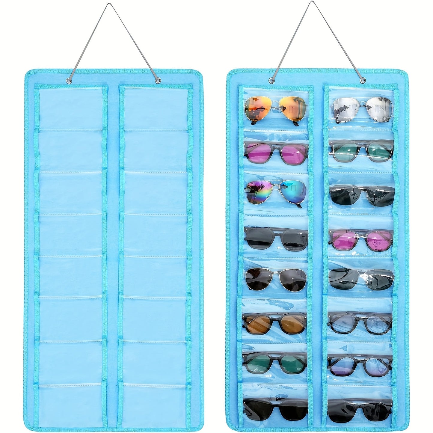 16-Slot Glasses Organizer - Hanging PVC Dust-Proof Holder with Metal Hook, Sturdy Rope | Ideal for Women's Fashion, Perfect Gift