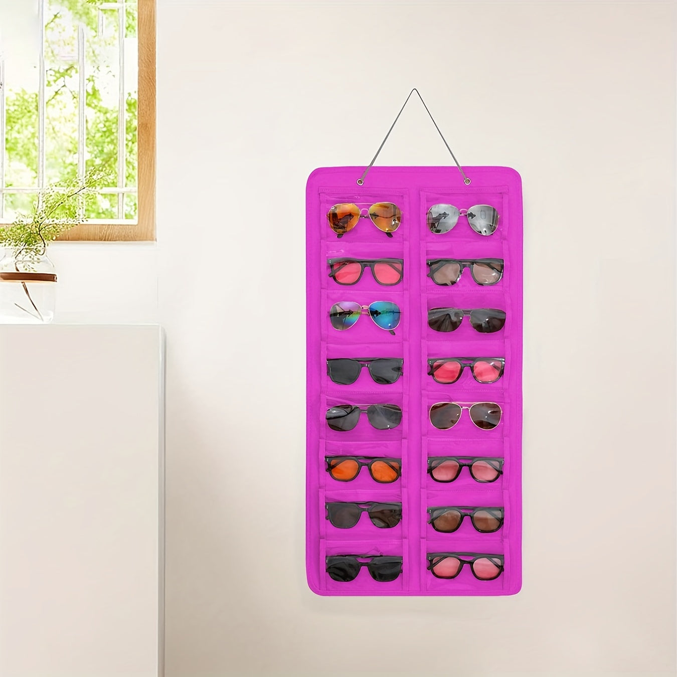16-Slot Glasses Organizer - Hanging PVC Dust-Proof Holder with Metal Hook, Sturdy Rope | Ideal for Women's Fashion, Perfect Gift