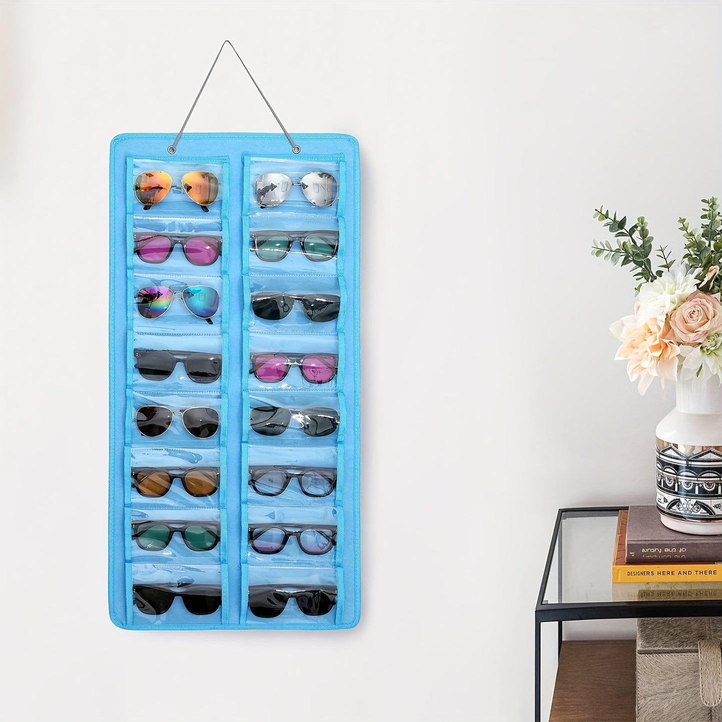 16-Slot Glasses Organizer - Hanging PVC Dust-Proof Holder with Metal Hook, Sturdy Rope | Ideal for Women's Fashion, Perfect Gift